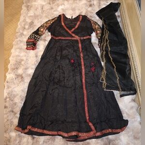 Chariza frock Black and Red Embroidered Dress with Scarf